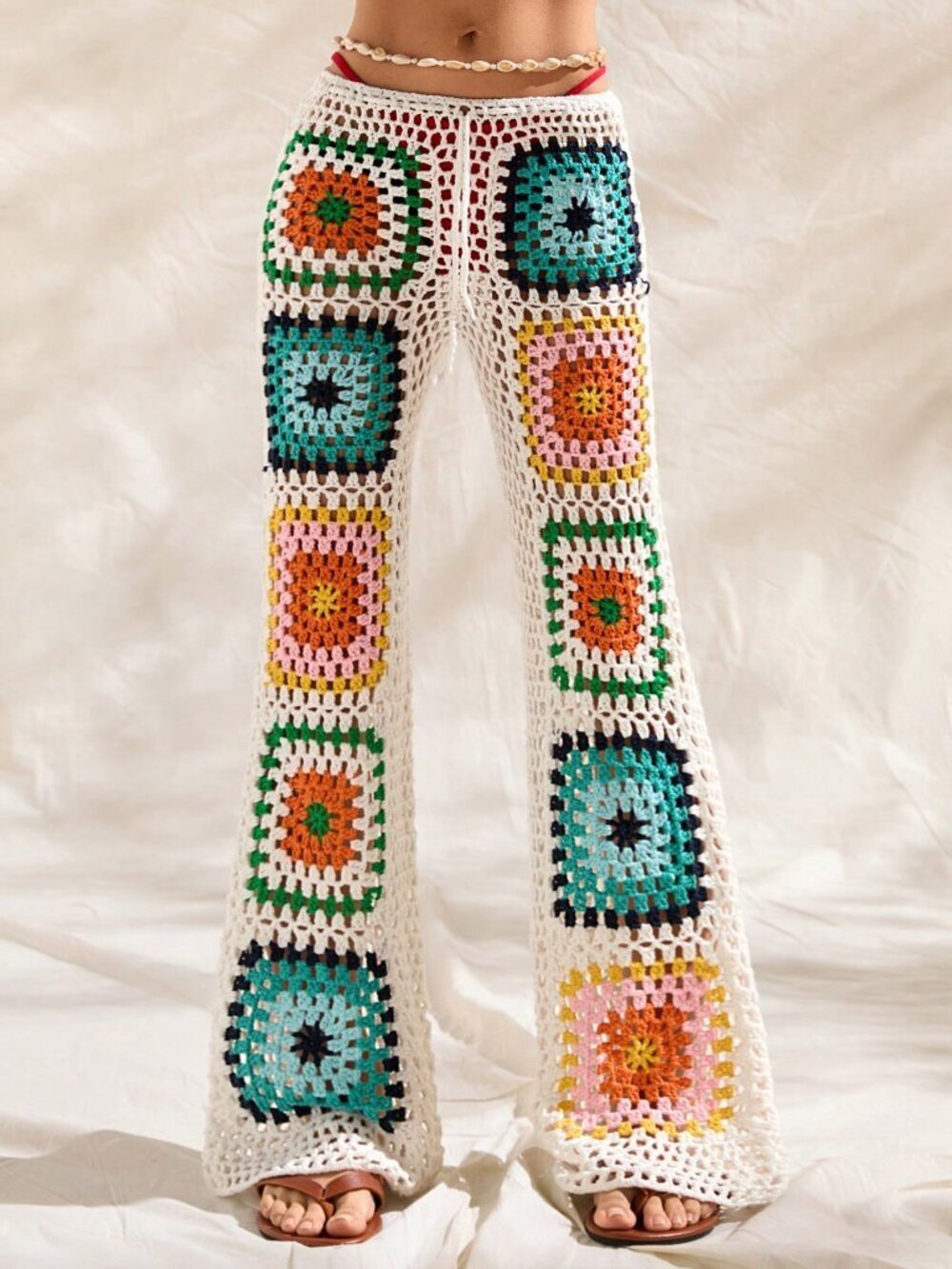 Multicolor Boho Women's Colorful Hollow Out Crochet Pants - Picture 6 of 7